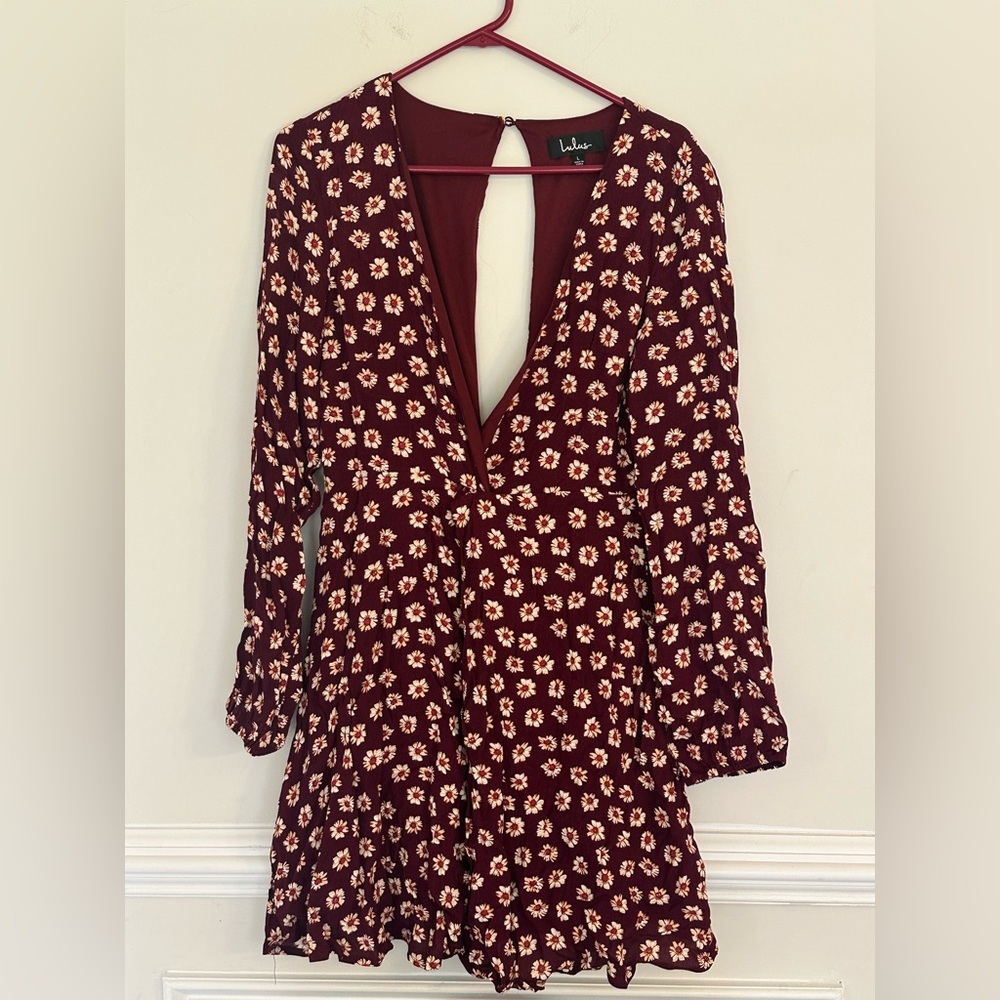 Lulus Fleur and Flirtation Burgundy Long Sleeve Dress Women’s size large